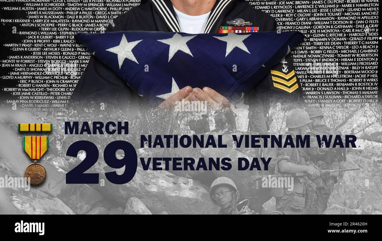 STATI UNITI Grafica Navy progettata per il banner di YouTube per evidenziare il Vietnam War Veterans Day il 29 marzo 2023. Vietnam War Veterans Day onora il ritiro delle forze USA in Vietnam il 29 marzo 1973. Foto Stock