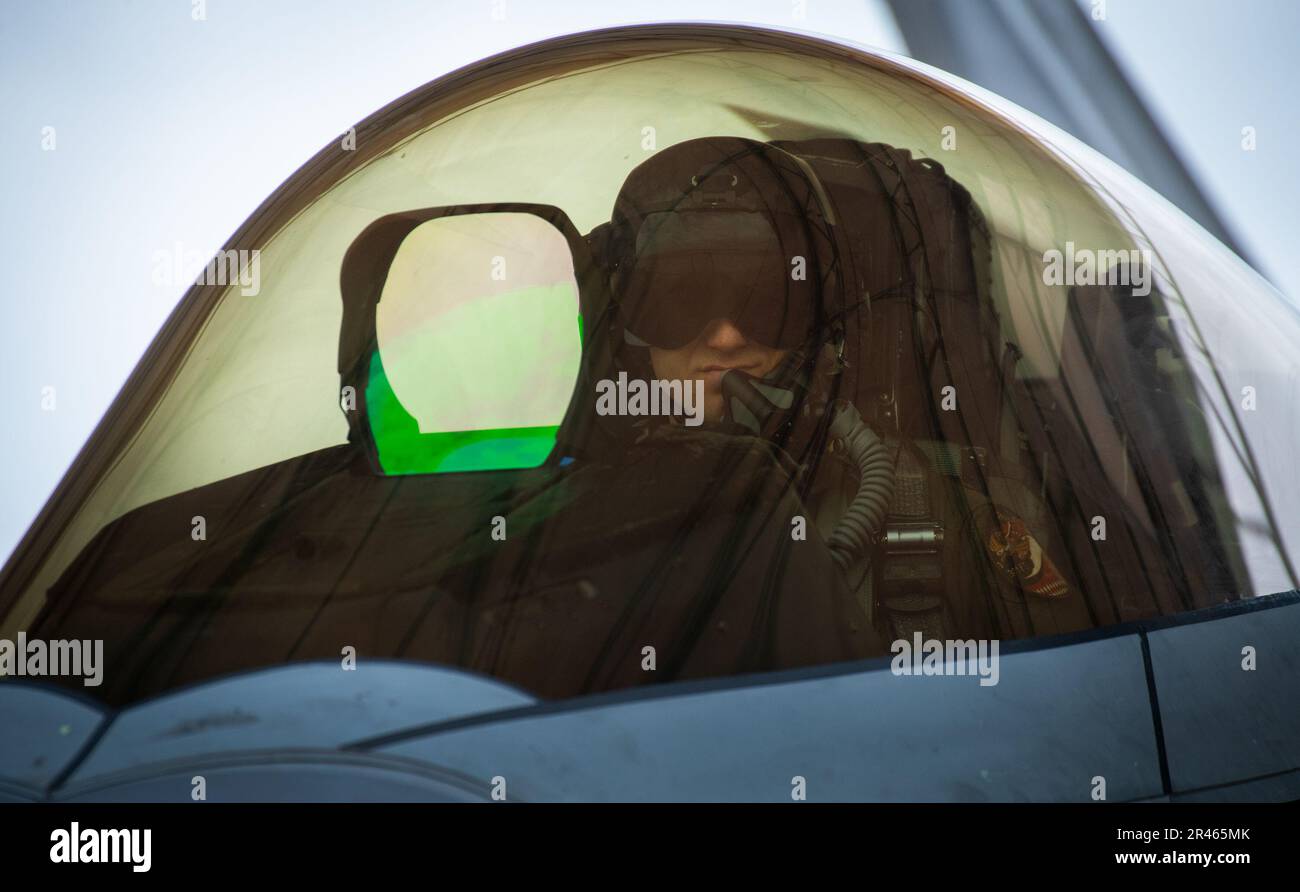 Il maggiore Brett Gedman, 301st Fighter Squadron, prepara il suo F-22A Raptor per una missione pomeridiana il 24 marzo presso la base dell'aeronautica militare di Eglin, Flah. Il velivolo Raptor di 325th Fighter Wing è stato a Eglin dal 2018 dopo che l’uragano Michael ha distrutto le strutture di Tyndall AFB. I Raptors partiranno presto da Eglin per la loro nuova casa, Joint base Langley-Eustis, Virginia. Foto Stock