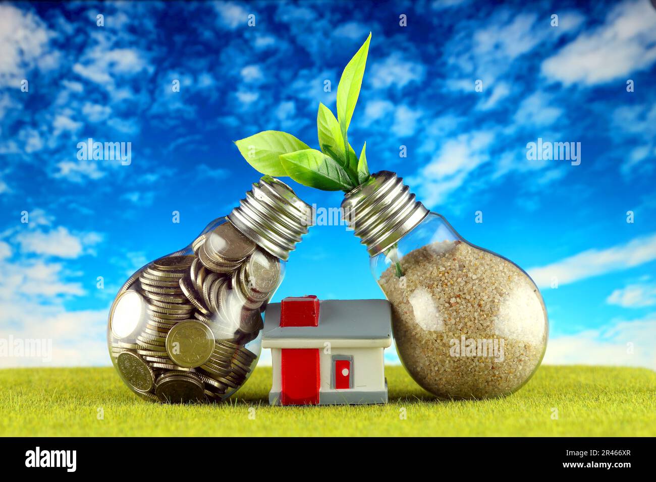 Monete all'interno della lampadina, pianta che cresce all'interno della lampadina e casa in miniatura. Eco-verde energia rinnovabile concetto. Prezzi dell'elettricità, energia s Foto Stock