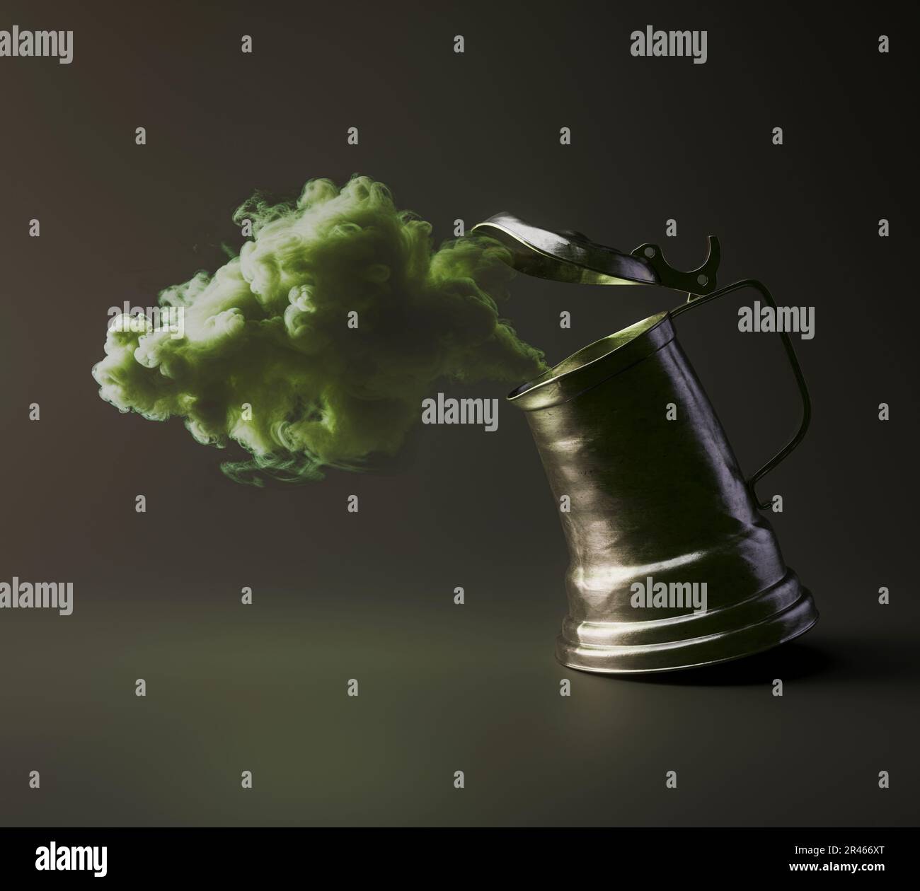 Un concetto di un vintage tankard animato che sembra far esplodersi una nuvola verde di vapore su uno sfondo isolato - rendering 3D Foto Stock