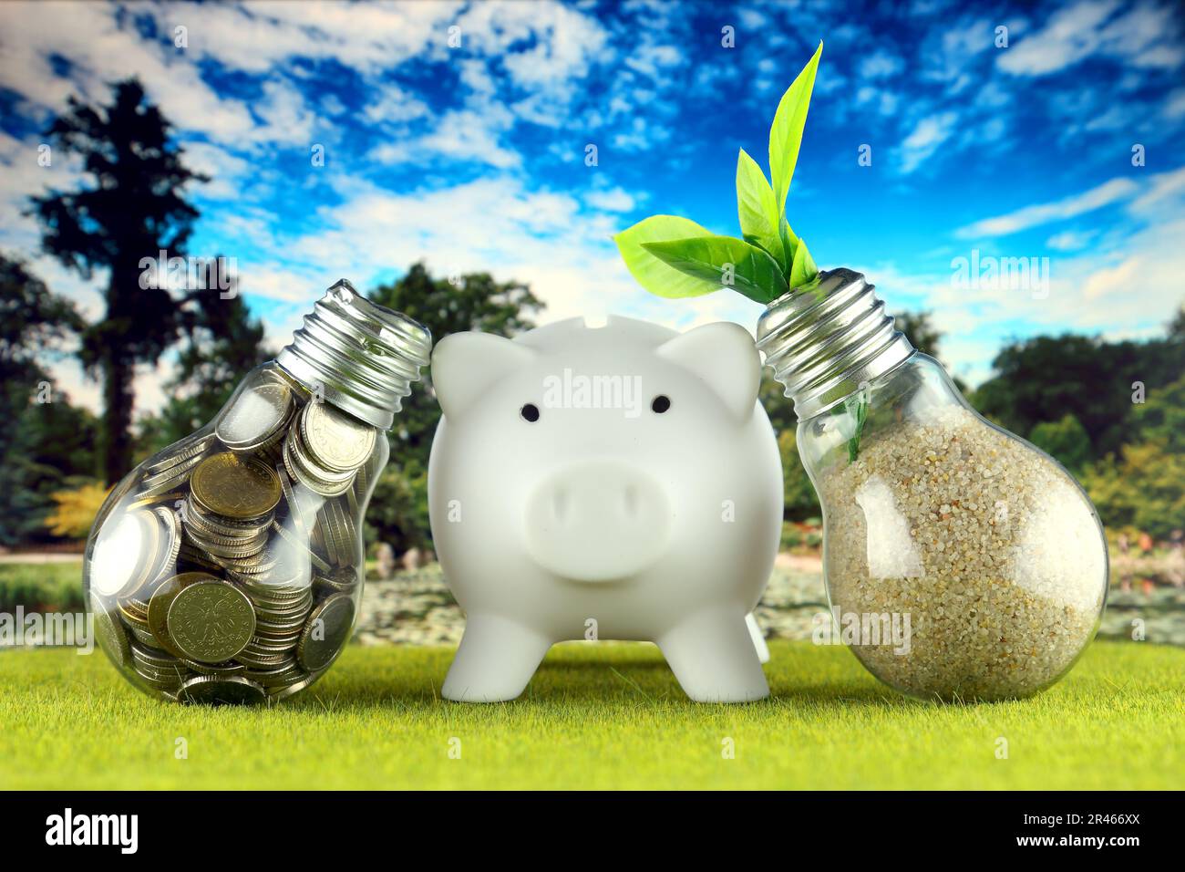 Monete all'interno della lampadina, pianta che cresce all'interno della lampadina e piggy bank. Eco-verde energia rinnovabile concetto. Prezzi dell'elettricità, risparmio energetico Foto Stock