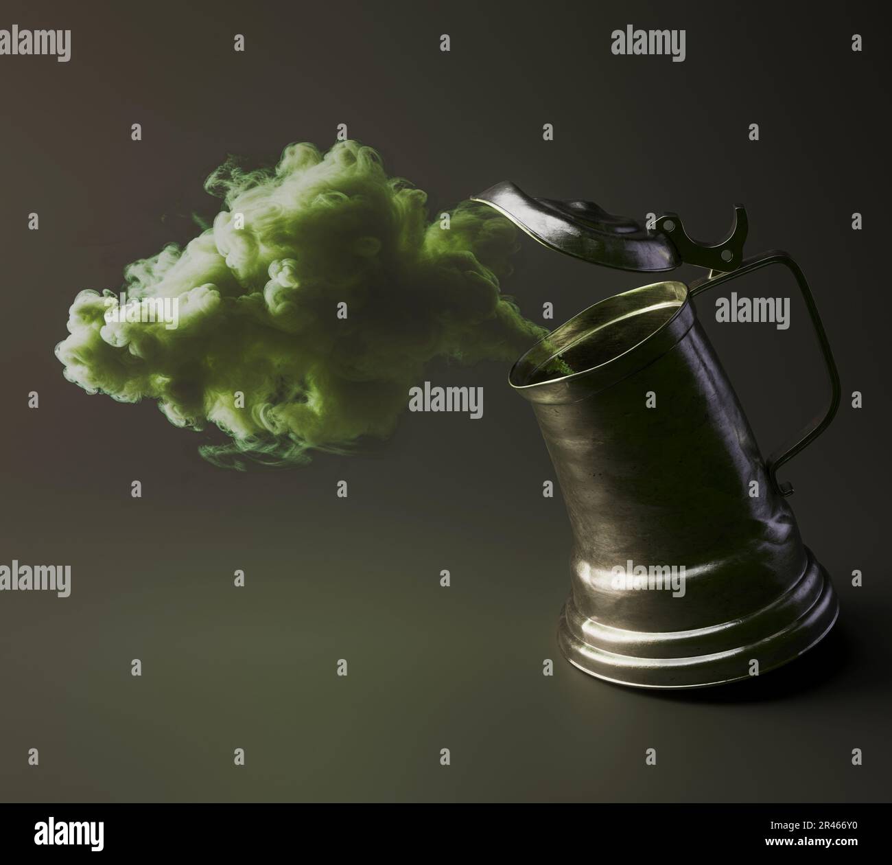Un concetto di un vintage tankard animato che sembra far esplodersi una nuvola verde di vapore su uno sfondo isolato - rendering 3D Foto Stock