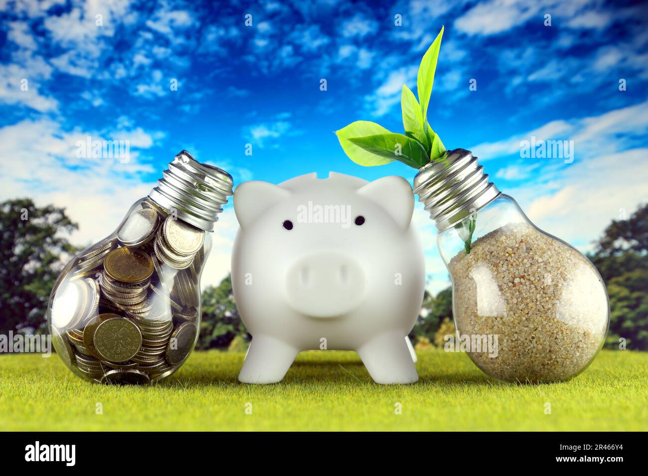 Monete all'interno della lampadina, pianta che cresce all'interno della lampadina e piggy bank. Eco-verde energia rinnovabile concetto. Prezzi dell'elettricità, risparmio energetico Foto Stock