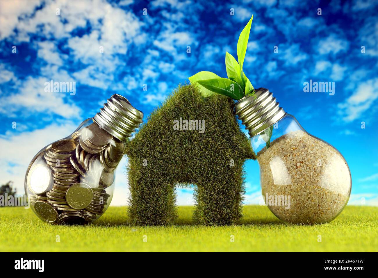 Monete all'interno della lampadina, pianta che cresce all'interno della lampadina e casa in miniatura con erba. Eco-verde energia rinnovabile concetto. Prezzo dell'elettricità Foto Stock