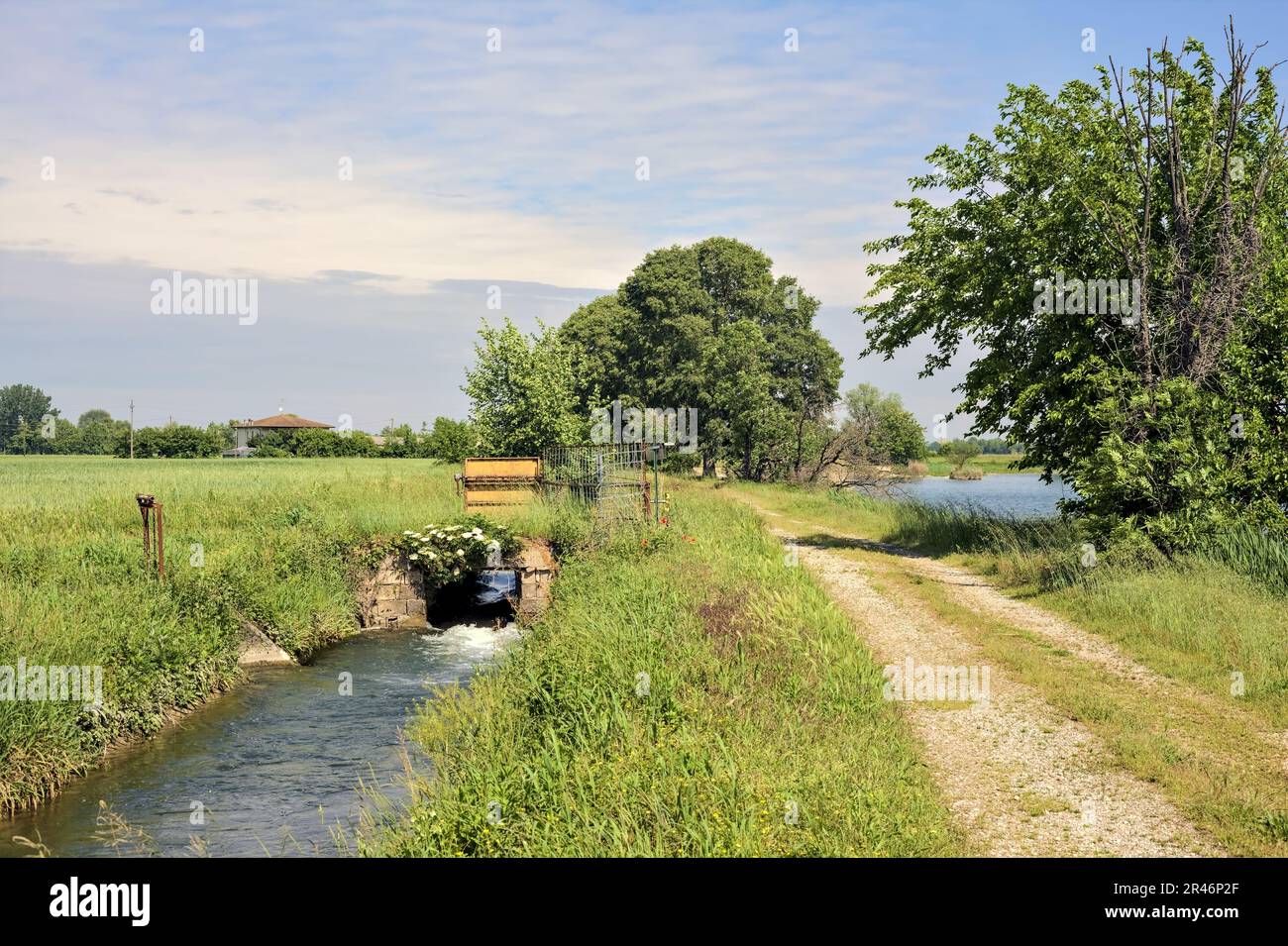 Sentiero sterrato vicino ad un ruscello di acqua e campi in una giornata di sole nella campagna italiana Foto Stock