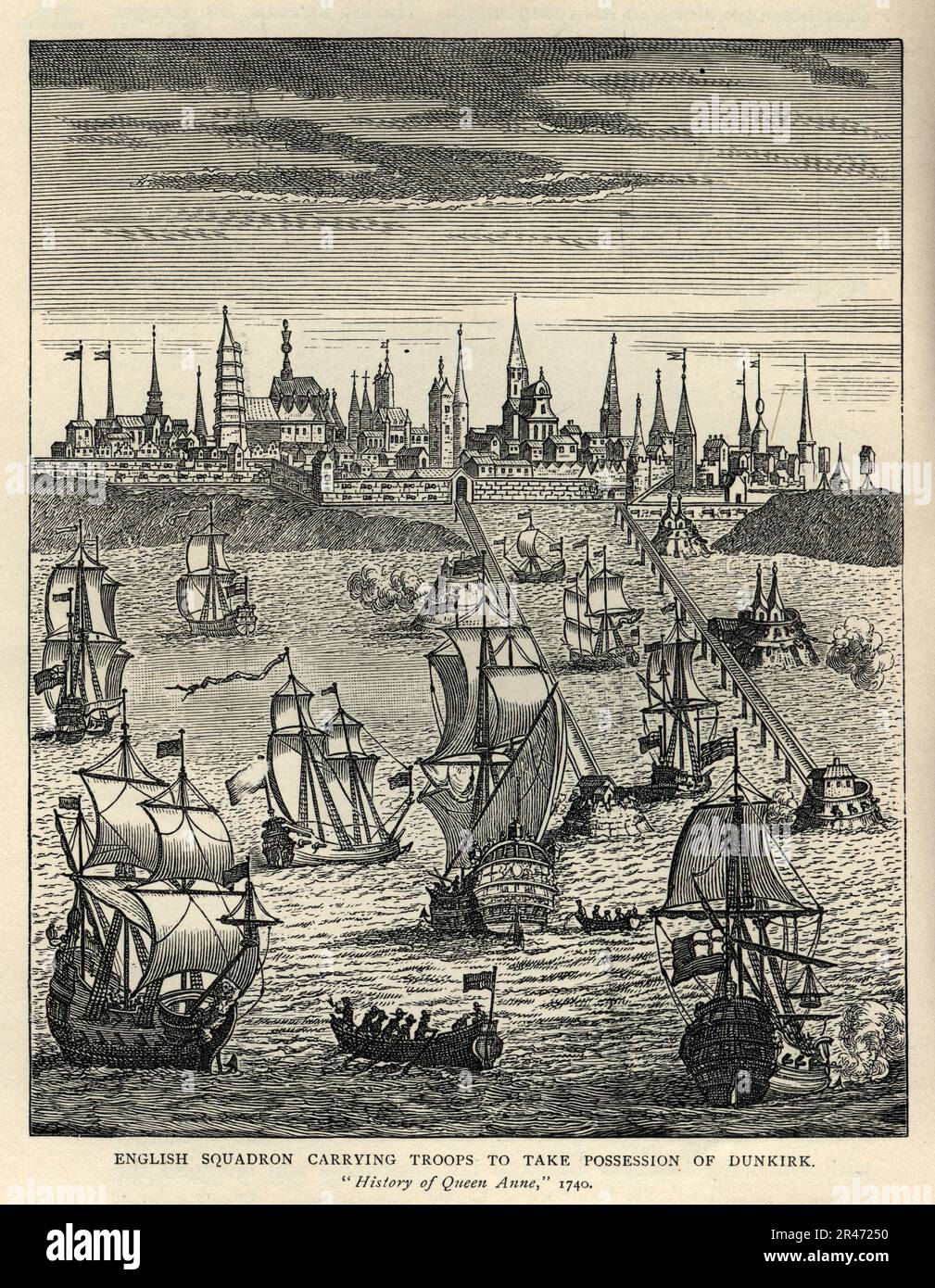 Illustrazione vintage squadrone inglese di navi da guerra che trasportano truppe per prendere possesso di Dunkerque Foto Stock