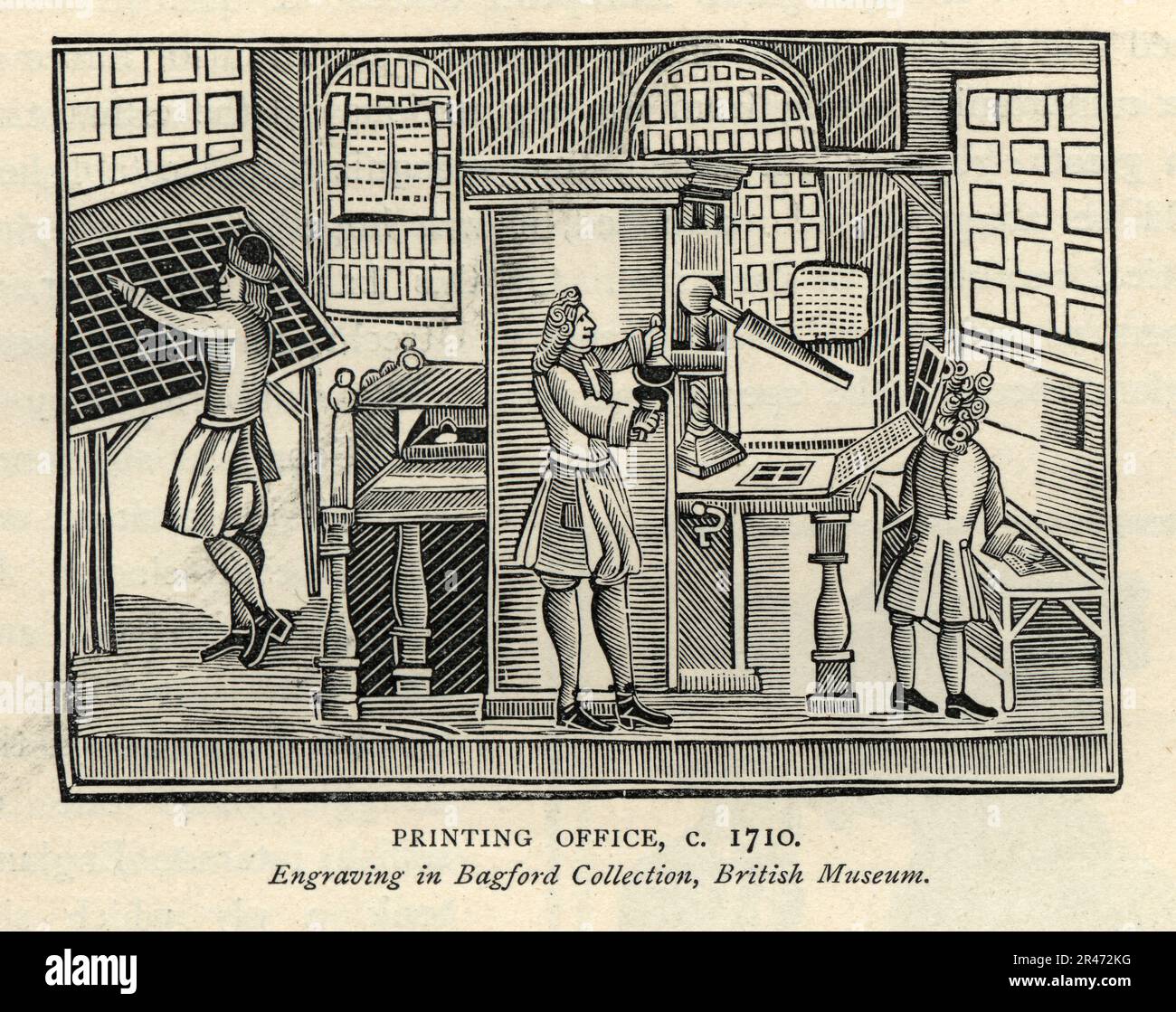 Ufficio stampa, tipografia, tipografia, stampa, storia britannica dei primi anni del 18th secolo, illustrazione vintage Foto Stock