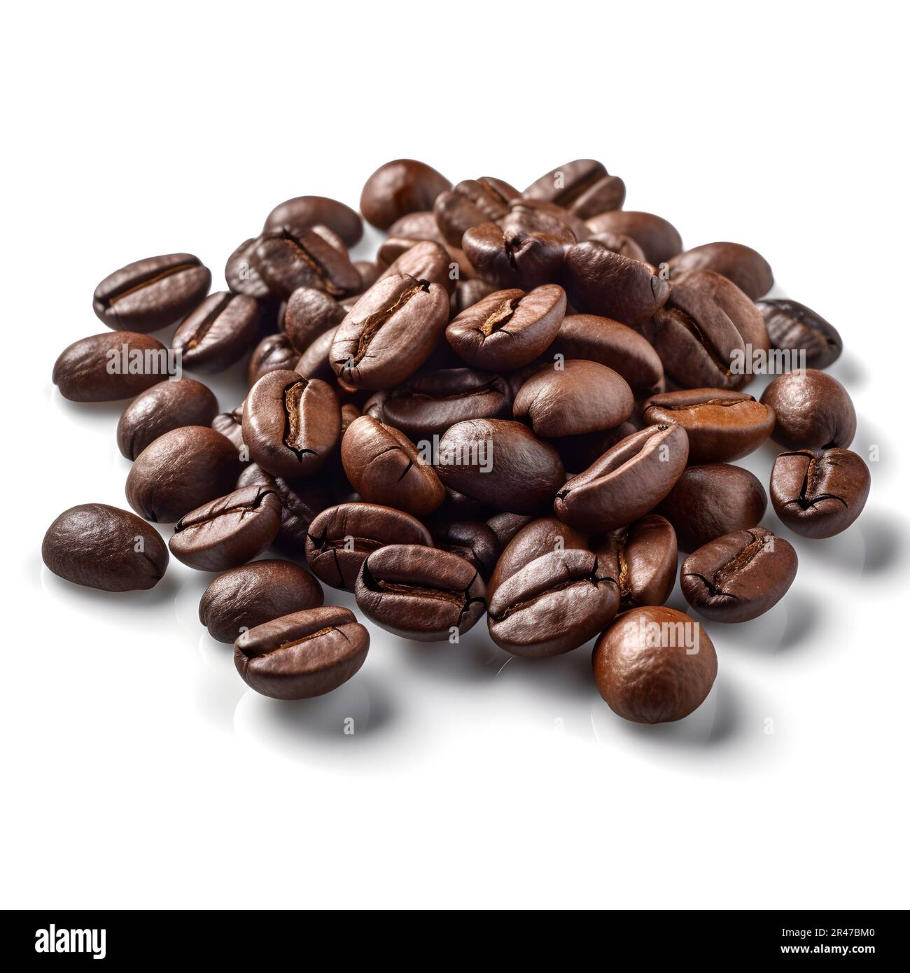 Un mucchio di chicchi di caffè appena tostati su uno sfondo bianco Foto Stock