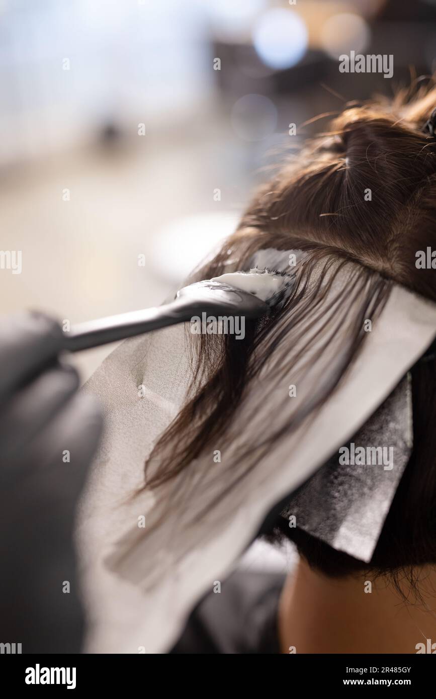 Mani di parrucchieri maschi caucasici in guanti chirurgici tintura capelli di una cliente femminile al salone Foto Stock