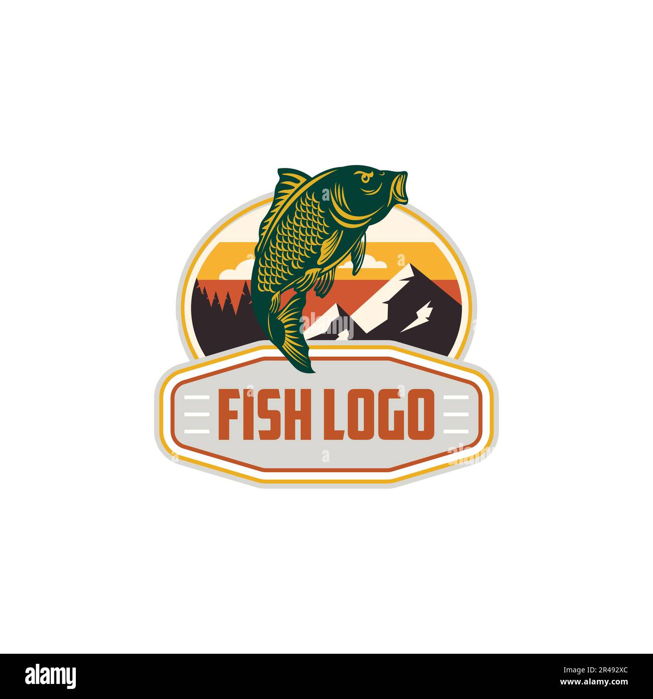 logo fish, design del logo food, design vintage per ristoranti e aziende in modello vettoriale Illustrazione Vettoriale