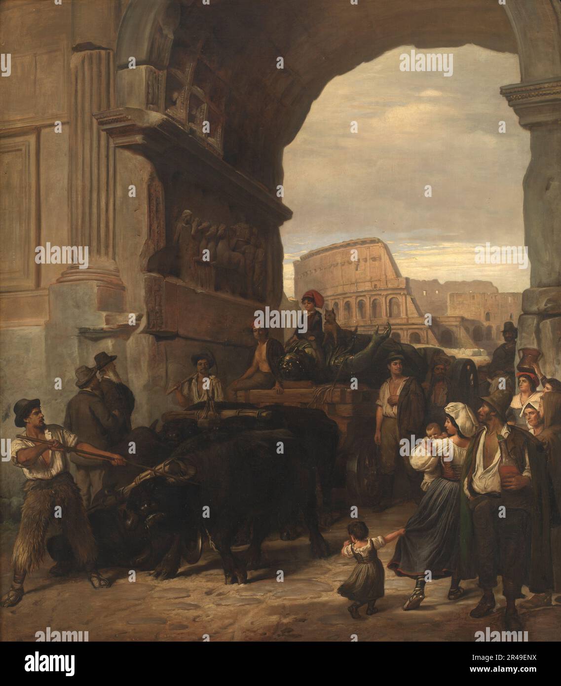 Operai romani che trasportano una statua imperiale antica dal Colosseo attraverso l'Arco di Tito ai Musei Capitolini, 1866-1867. [Nota che il cane guida sulla statua e l'uomo indossa pantaloni di pelliccia a sinistra.] Foto Stock