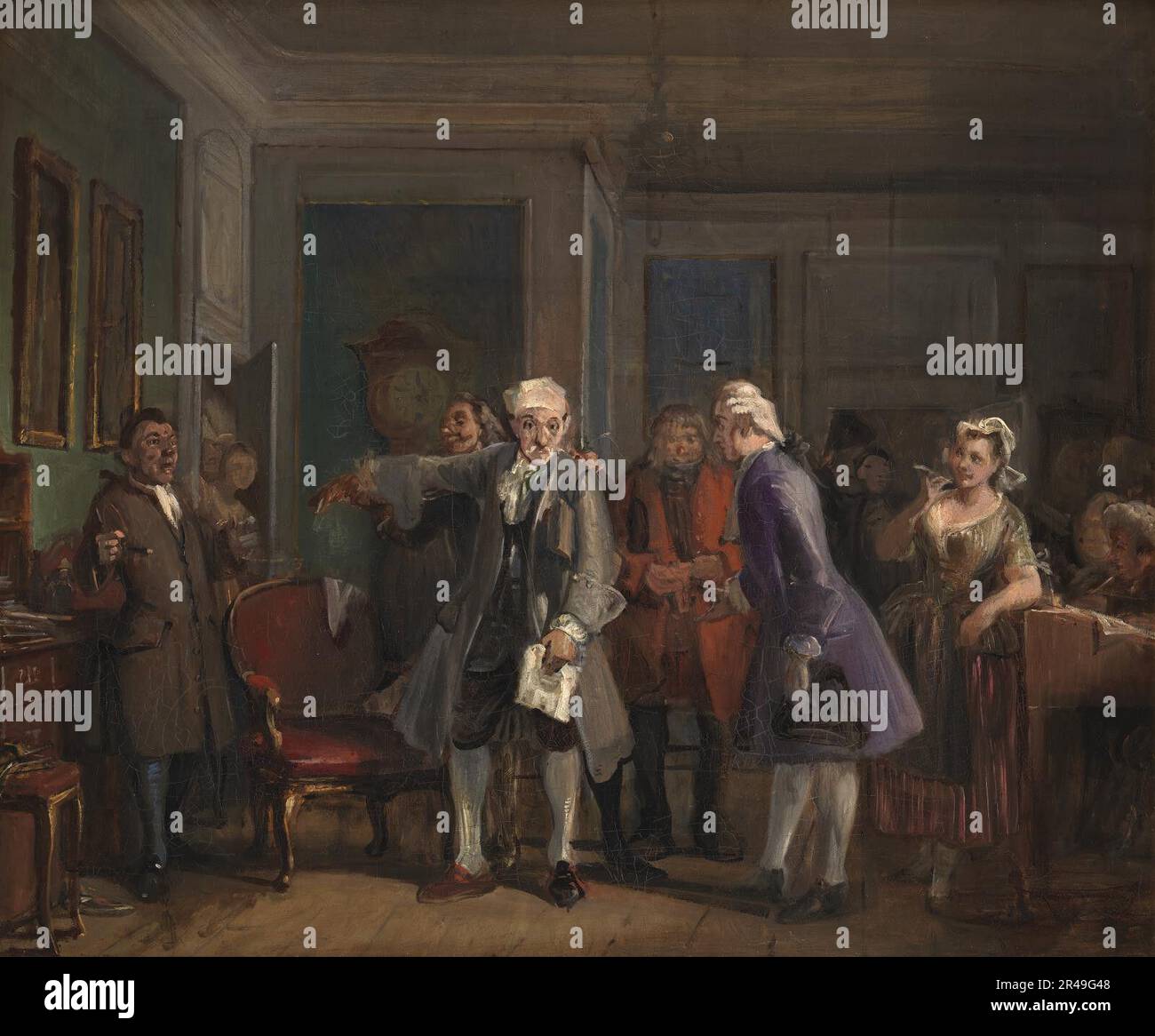 "Den Stundeslose" di Ludvig Holberg, atto i, scena 6, 1825-1873. 'Den stordeløse' (The Fidget in inglese) è stata una rappresentazione satirica pubblicata da Ludvig Holberg nel 1723. Foto Stock