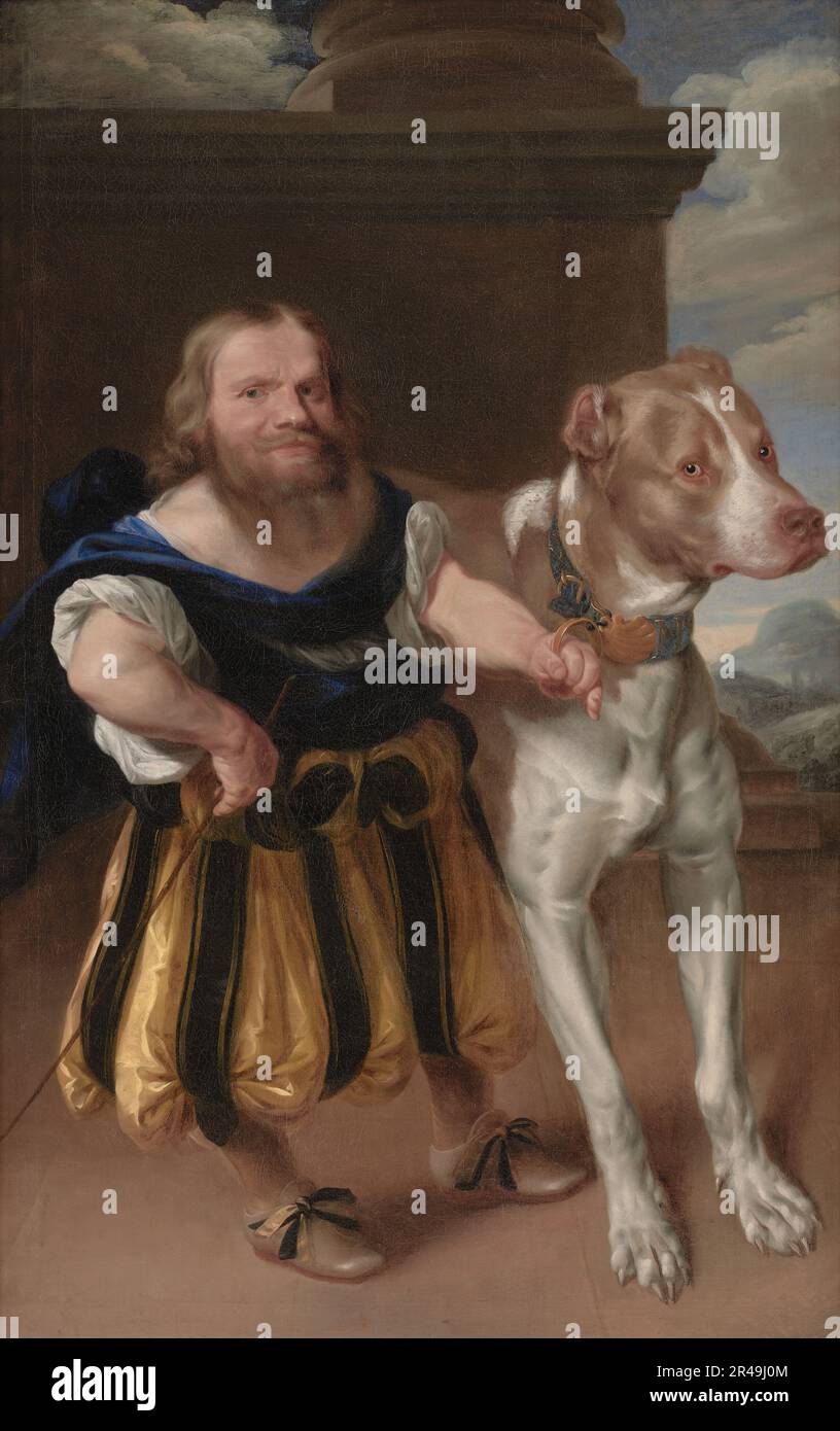 Il nano italiano Giacomo Favorchi partecipa all'Elettore di Sassonia con il cane Raro, 1663-1666. Foto Stock