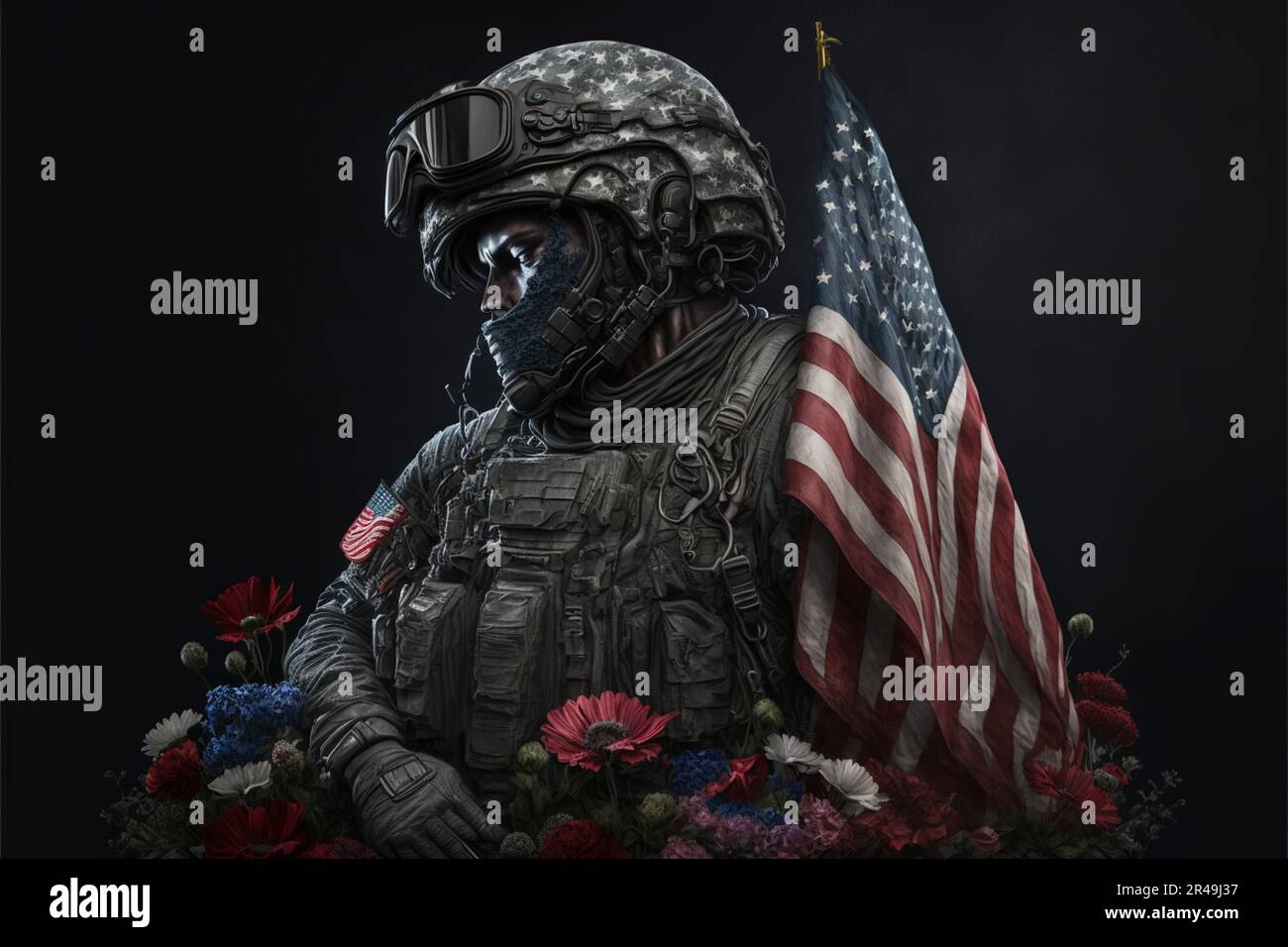 Questa sorprendente foto di scorta è caratterizzata da un militare vestito con un equipaggiamento completo che regge una bandiera americana Foto Stock