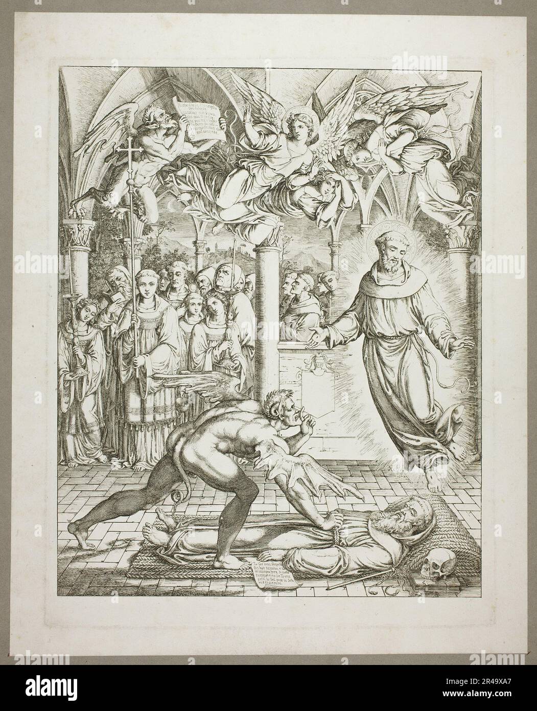 La lotta tra il Diavolo e San Francesco d'Assisi per l'anima di Guido da Montefeltro, piatto tre della H&#XF6;lle di Darstellungen aus Dante, 1807/08. Foto Stock