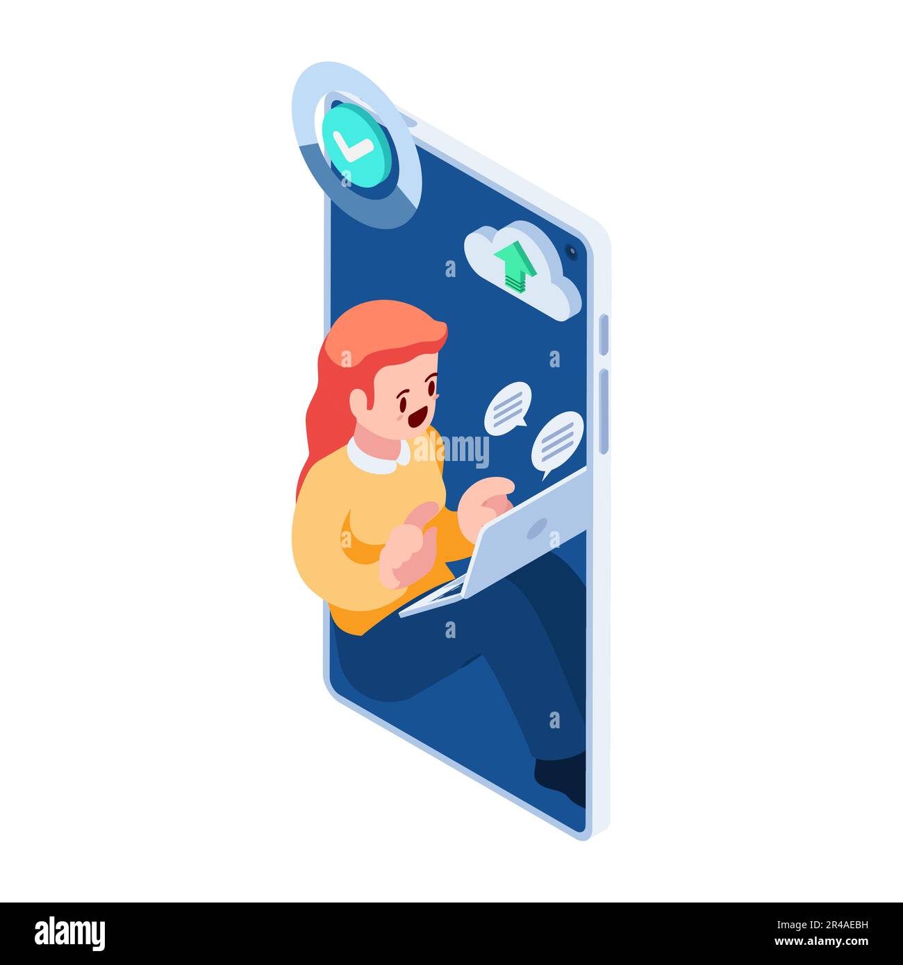 Flat 3D Isometric Businesswoman che lavora all'interno dello smartphone. Concetto di lavoro online e lavoro da casa. Illustrazione Vettoriale