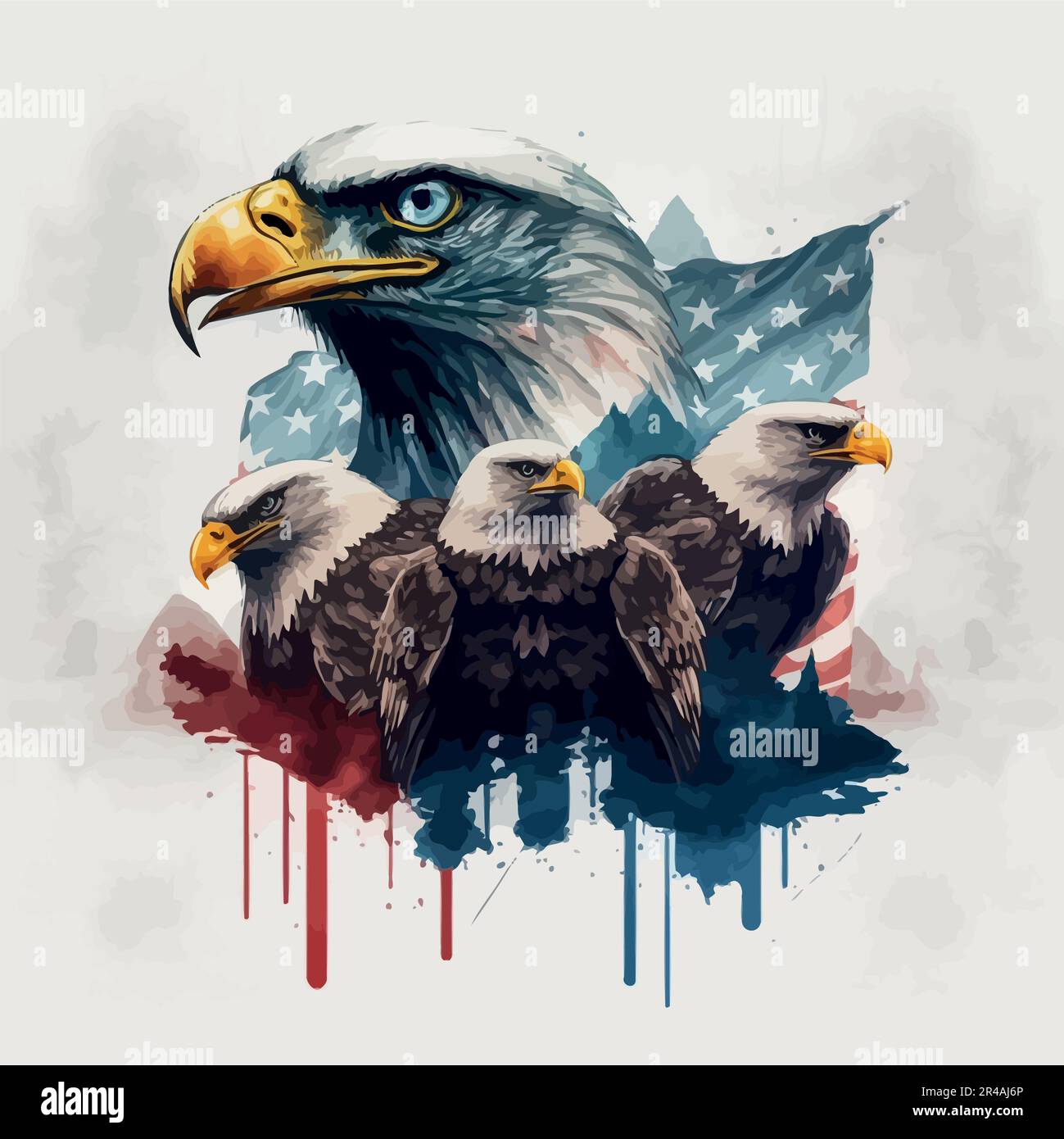 Su sfondo bianco, un disegno acquerello di un soldato americano, figure americane che hanno firmato la dichiarazione di indipendenza e aquile sullo sfondo della bandiera. . Illustrazione vettoriale Illustrazione Vettoriale