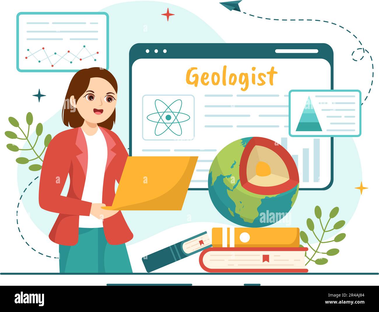 Illustrazione vettoriale del geologo con analisi del suolo e caratteristiche della Terra per la scienza, la ricerca o la spedizione in Cartoon piano modelli disegnati a mano Illustrazione Vettoriale