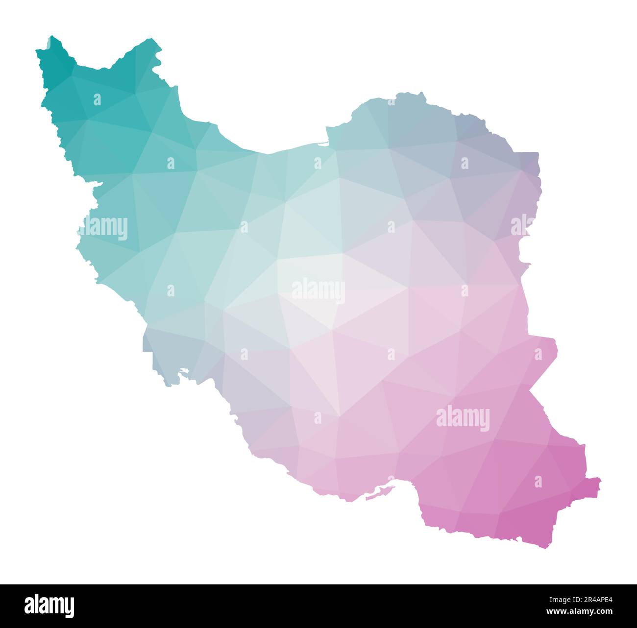 Mappa poligonale dell'Iran. Illustrazione geometrica del paese in colori smeraldo e ametista. Mappa dell'Iran in basso stile poli. Illustrazione Vettoriale