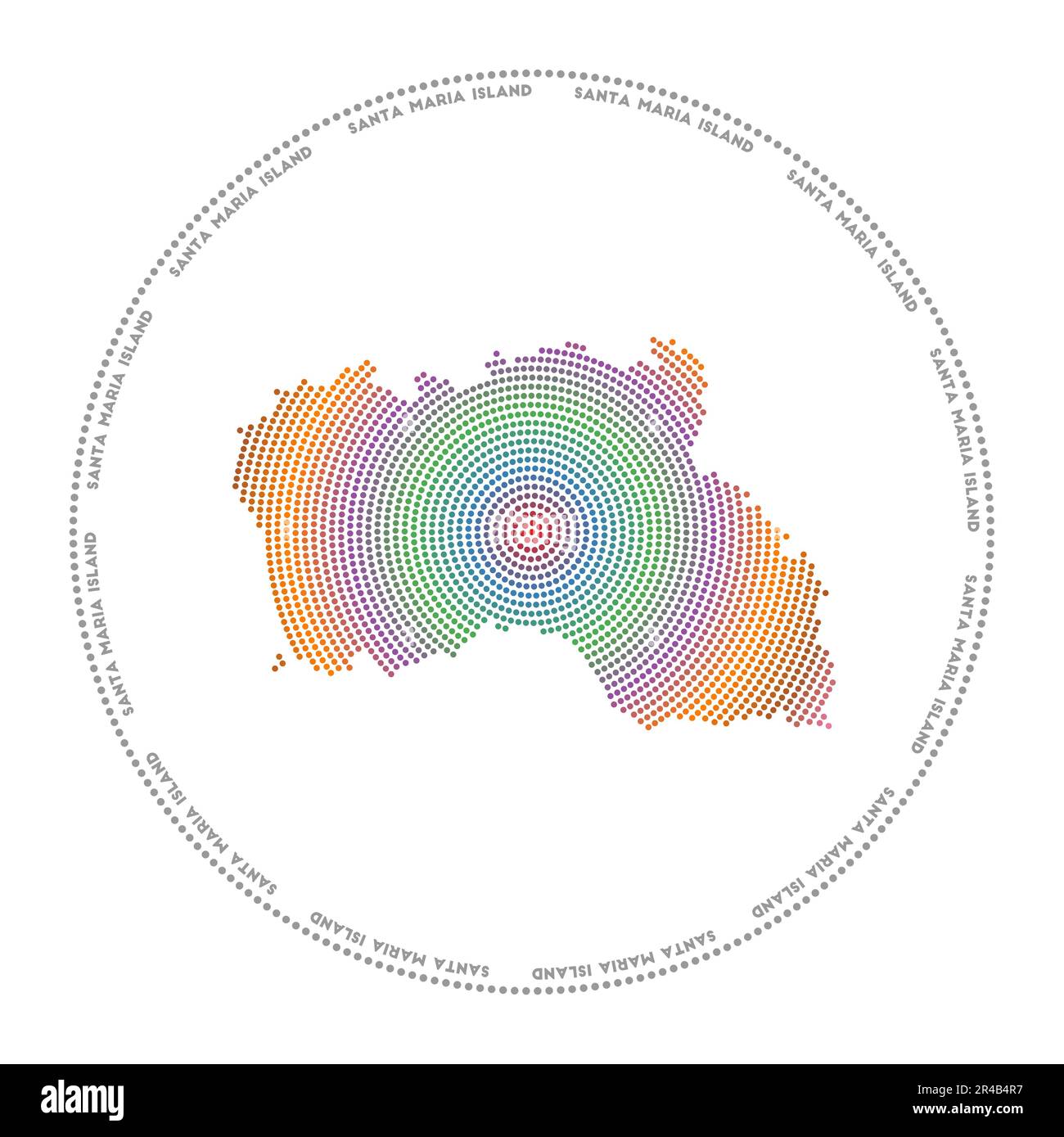 Logo rotondo dell'isola di Santa Maria. Forma in stile digitale dell'isola di Santa Maria in un cerchio punteggiato con il nome. Icona tecnica con punti sfumati. Illustrazione Vettoriale