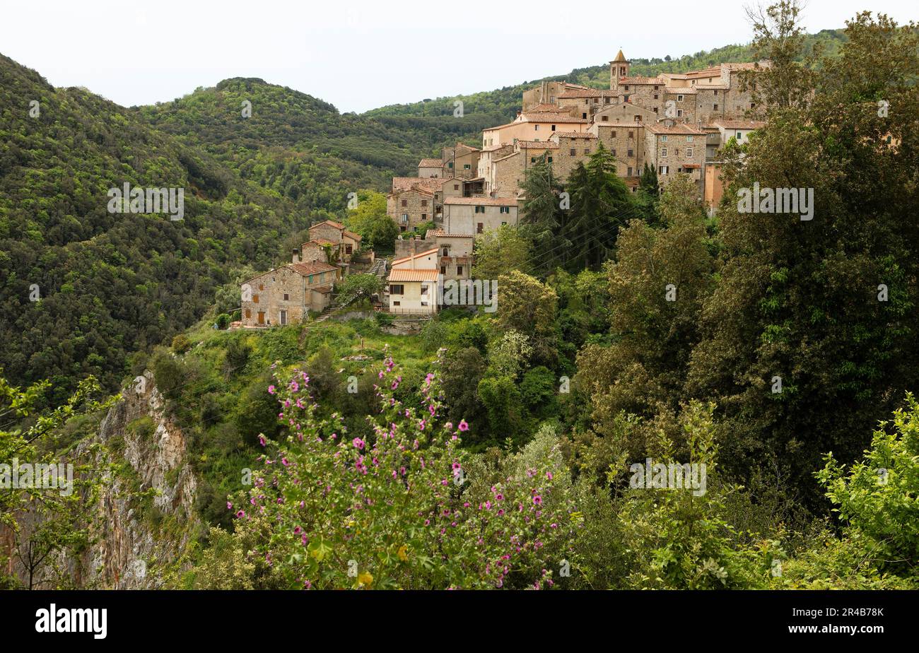 Vista città Sassetta, Val di Cornia, Maremma, Provincia di Livorno, Toscana, Italia Foto Stock