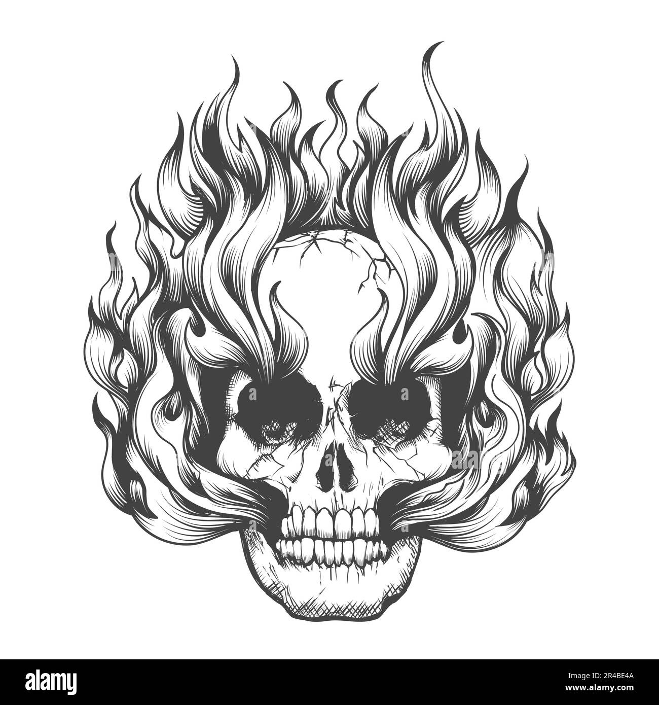 Tatuaggio monocromatico di cranio umano bruciato in punte di fiamma isolato su bianco. Illustrazione vettoriale. Illustrazione Vettoriale
