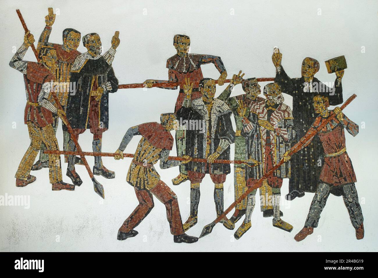 Matthaeus-Alber-Haus, Reutlinger Markteid 1524, mosaico sulla facciata, arte nello spazio pubblico, Reutlingen, Baden-Wuerttemberg, Germania Foto Stock