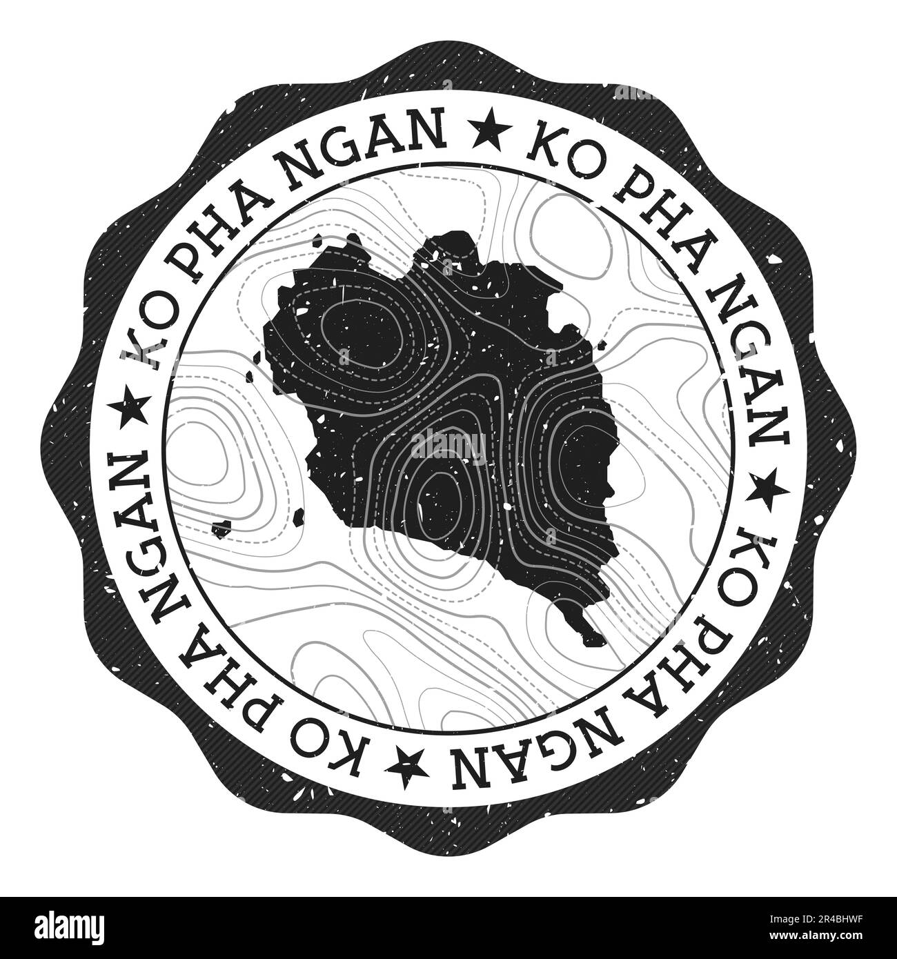 Ko Pha Ngan francobollo all'aperto. Adesivo rotondo con mappa dell'isola con isoline topografiche. Illustrazione vettoriale. Illustrazione Vettoriale