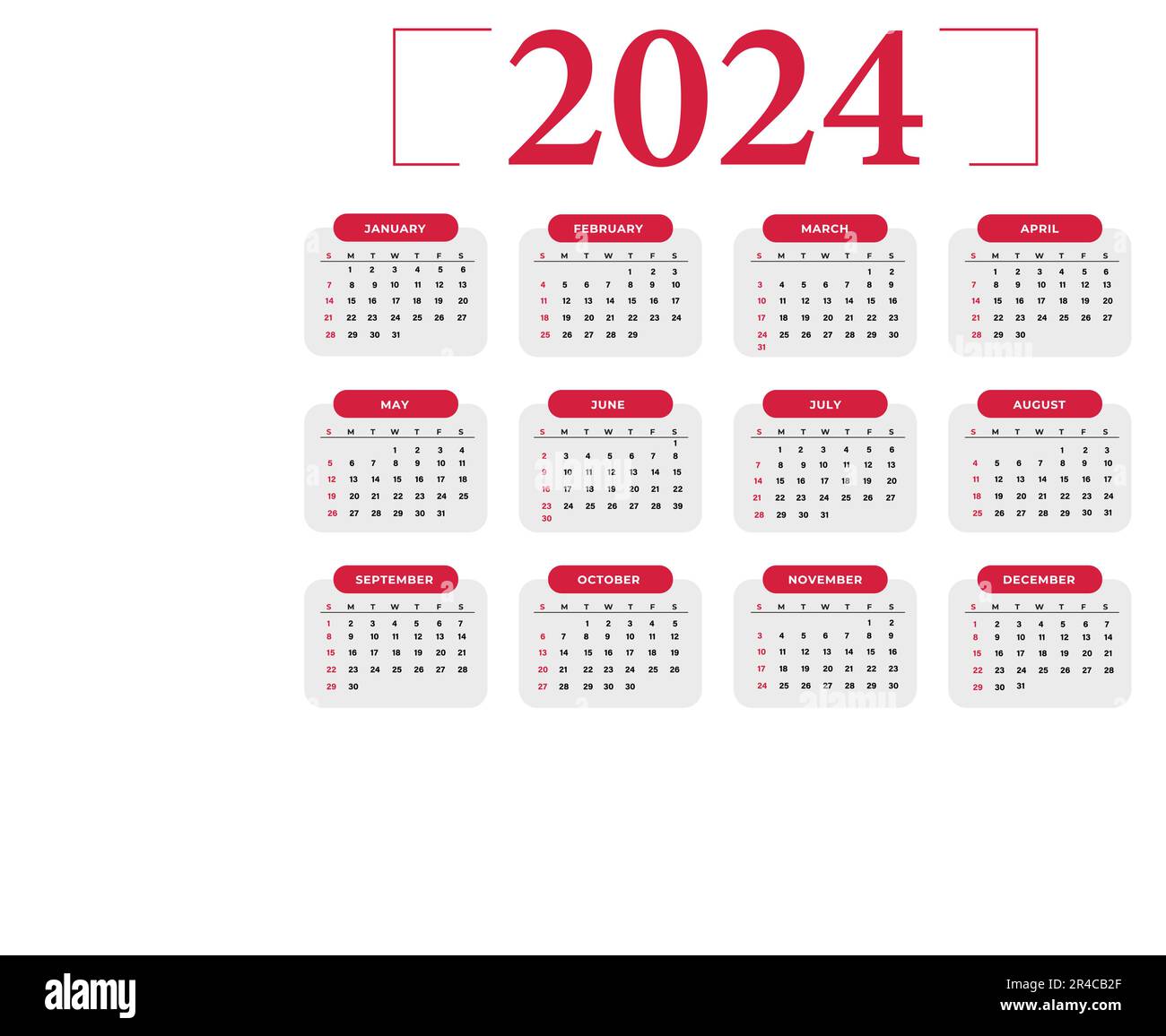 Modello di calendario mensile per 2024 anno. Calendario da parete in stile minimalista. Illustrazione Vettoriale