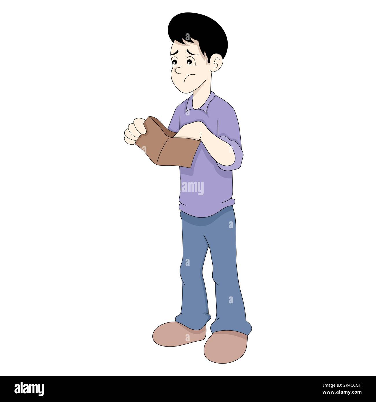 un povero uomo con una faccia triste a causa di un portafoglio vuoto manca di finanze. illustrazioni di design vettoriale Illustrazione Vettoriale