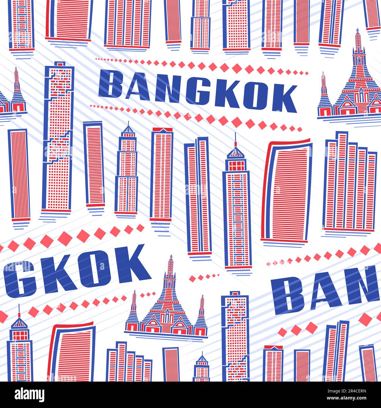 Vector Bangkok Seamless Pattern, sfondo quadrato ripetuto con illustrazione del paesaggio orientale della città di bangkok su sfondo bianco per carta da imballaggio, Illustrazione Vettoriale