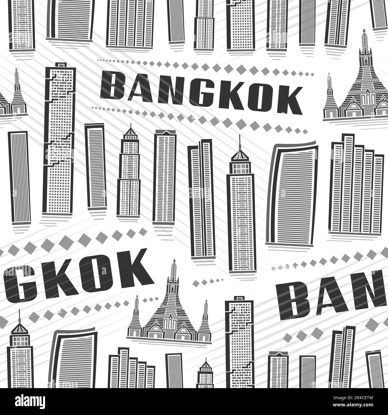 Vector Bangkok Seamless Pattern, sfondo ripetuto con illustrazione del famoso paesaggio della città di bangkok su sfondo bianco per carta da imballaggio, monocromia Illustrazione Vettoriale