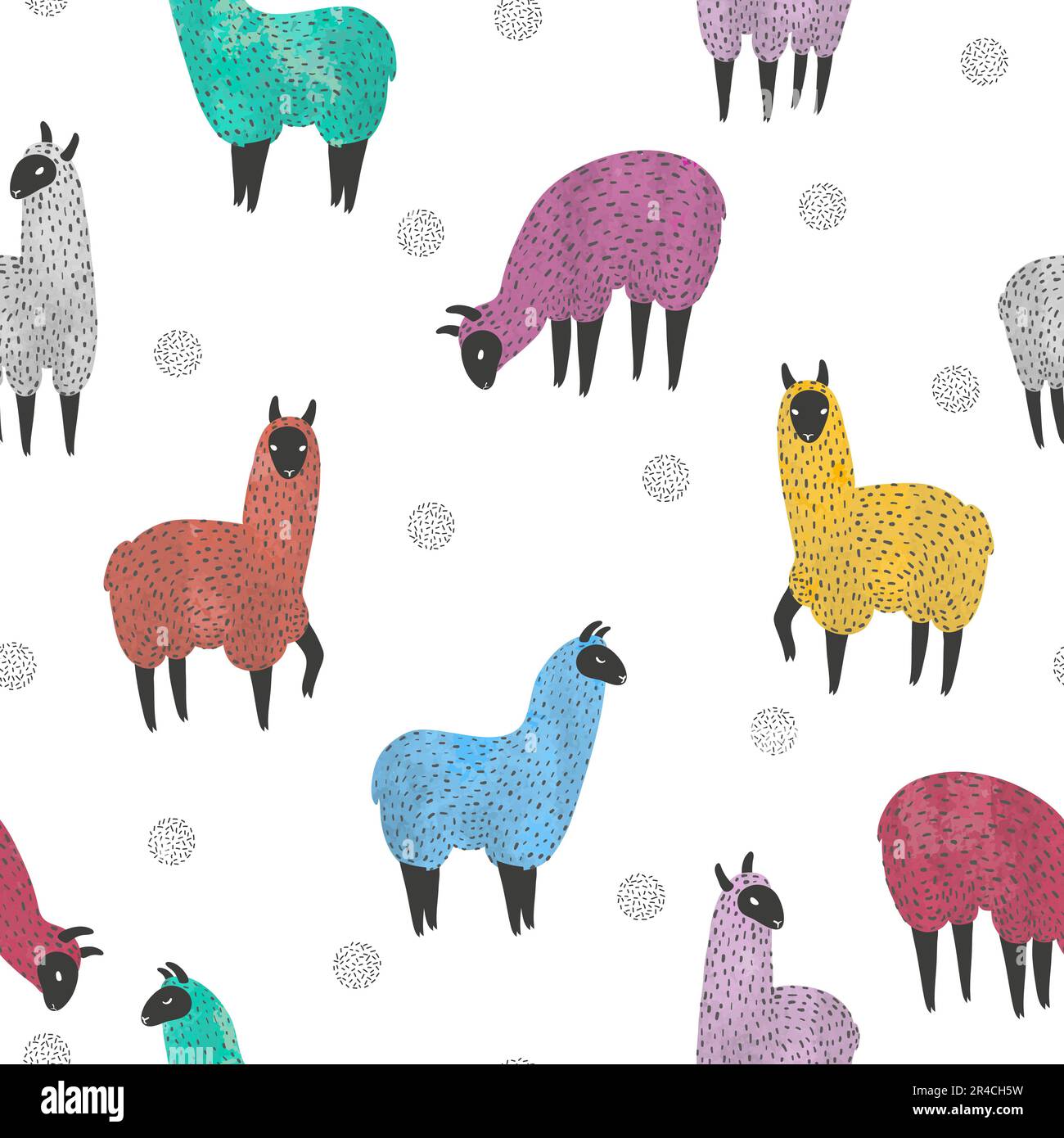 Motivo senza cuciture con simpatico coloratissimo lama acquerello. Sfondo vettoriale con lamelle. Illustrazione Vettoriale