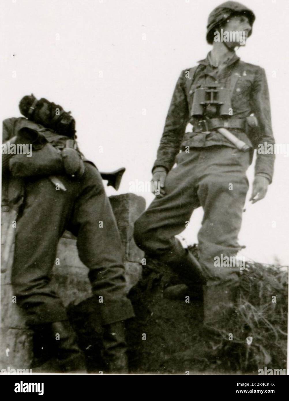 SS fotografo Willi Altstadt, Wiking Division, Russia 1942. Scene del villaggio della zona di Rostov, un Panzer III (con simboli unitari) e granatieri panzer sulla steppa, scene di combattimento lungo un fiume, primi piani della fanteria sul campo con armi individuali e servite dall'equipaggio, attraversamento del fiume (zattere d'assalto e pontone), costruzione di un blocco stradale, prigionieri di guerra russi, I soldati delle SS pescano e nuotano, cerimonia di premiazione delle unità, posto di osservazione affacciato su un fiume e equipaggio di artiglieria pesante con howitzer. Immagini che illustrano le attività in prima linea delle unità Waffen-SS sul fronte occidentale e orientale, i Foto Stock