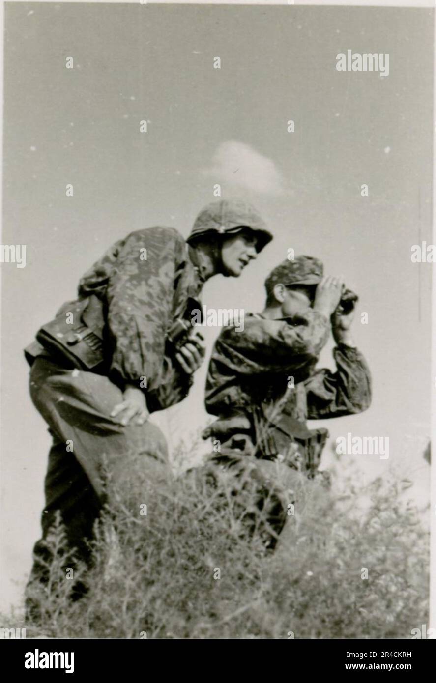 SS fotografo Willi Altstadt, Wiking Division, Russia 1942. Scene del villaggio della zona di Rostov, un Panzer III (con simboli unitari) e granatieri panzer sulla steppa, scene di combattimento lungo un fiume, primi piani della fanteria sul campo con armi individuali e servite dall'equipaggio, attraversamento del fiume (zattere d'assalto e pontone), costruzione di un blocco stradale, prigionieri di guerra russi, I soldati delle SS pescano e nuotano, cerimonia di premiazione delle unità, posto di osservazione affacciato su un fiume e equipaggio di artiglieria pesante con howitzer. Immagini che illustrano le attività in prima linea delle unità Waffen-SS sul fronte occidentale e orientale, i Foto Stock