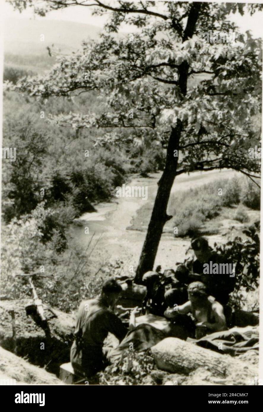 SS fotografo Willi Altstadt, Wiking Division, Russia 1942. Scene del villaggio della zona di Rostov, un Panzer III (con simboli unitari) e granatieri panzer sulla steppa, scene di combattimento lungo un fiume, primi piani della fanteria sul campo con armi individuali e servite dall'equipaggio, attraversamento del fiume (zattere d'assalto e pontone), costruzione di un blocco stradale, prigionieri di guerra russi, I soldati delle SS pescano e nuotano, cerimonia di premiazione delle unità, posto di osservazione affacciato su un fiume e equipaggio di artiglieria pesante con howitzer. Immagini che illustrano le attività in prima linea delle unità Waffen-SS sul fronte occidentale e orientale, i Foto Stock