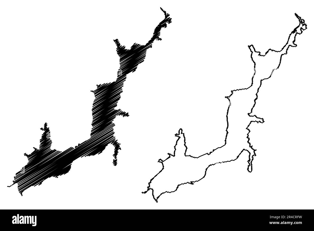 Tsimlyansk Reservoir (Russia, Federazione russa, Don River) mappa vettore illustrazione, schizzo di scrittura Tsimlyanskoye Reservoir mappa Illustrazione Vettoriale