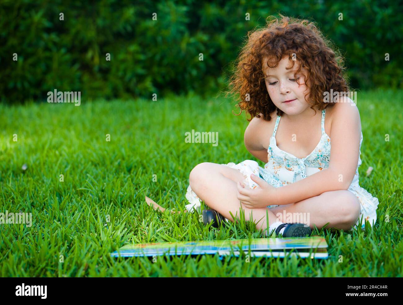 La ragazza dai capelli rossi che legge un libro nel parco Foto Stock