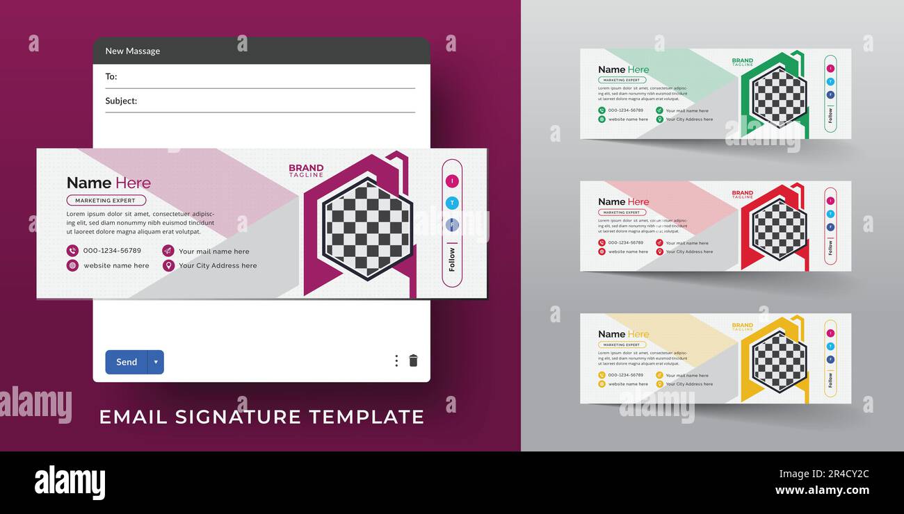 Design del modello di firma e-mail aziendale in formato vettoriale, dettagli personali e modelli di firma e-mail con un layout moderno e minimale Illustrazione Vettoriale