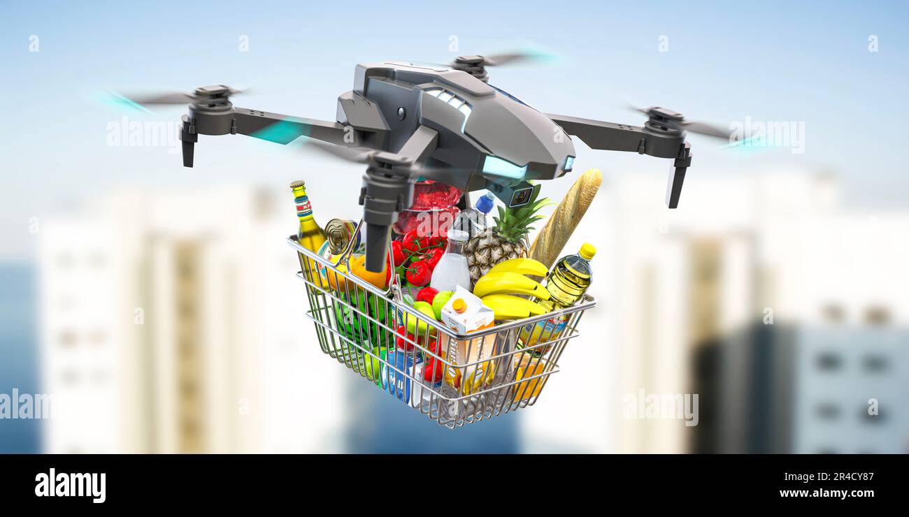 Drone di consegna con carrello pieno di prodotti alimentari grossery sullo sfondo della città. illustrazione 3d Foto Stock