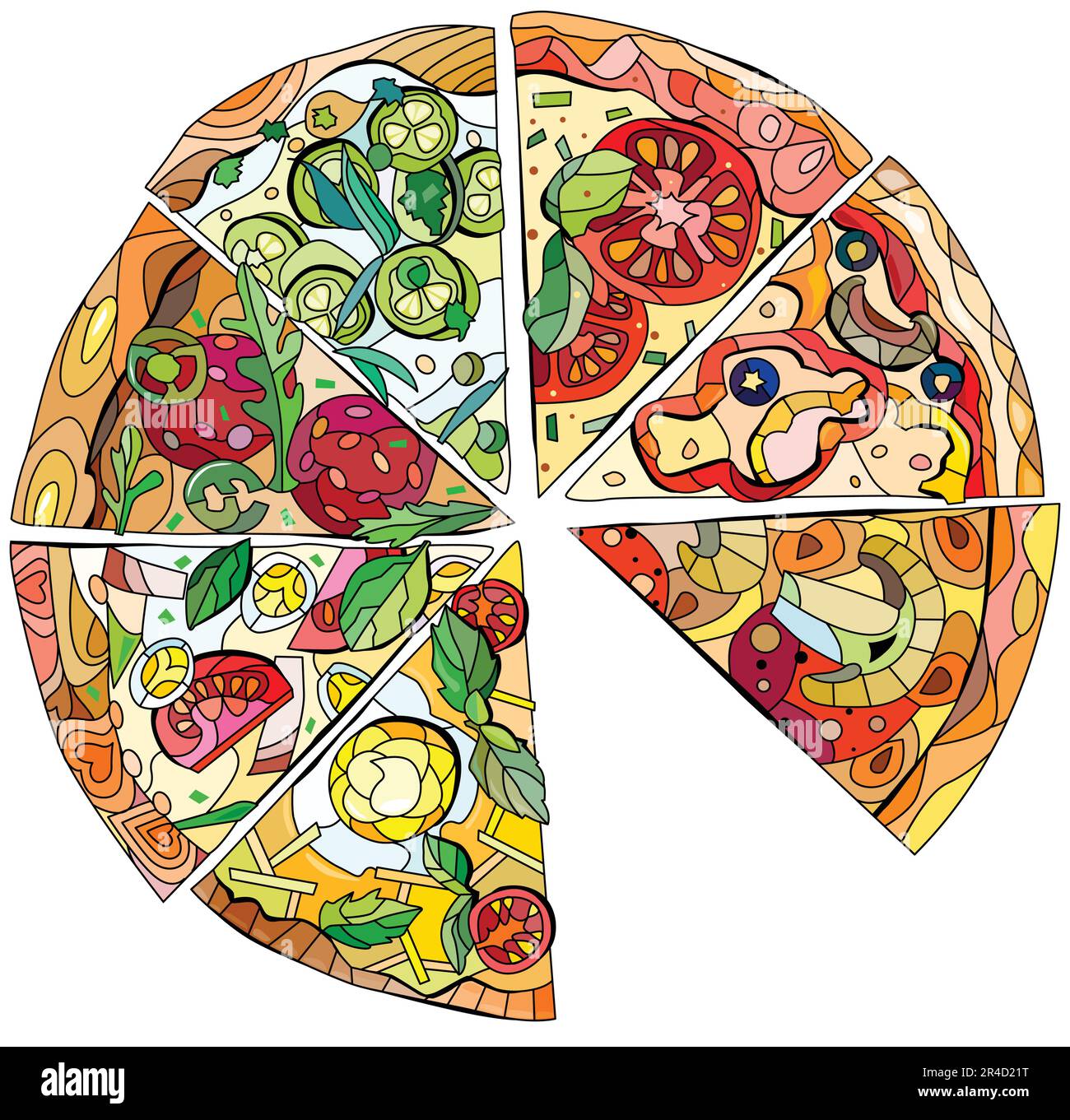 Fette di pizza in stile decorativo su sfondo bianco. Illustrazione del vettore isolato. Icona del ristorante impostata. Pizza composta da sette fette Illustrazione Vettoriale