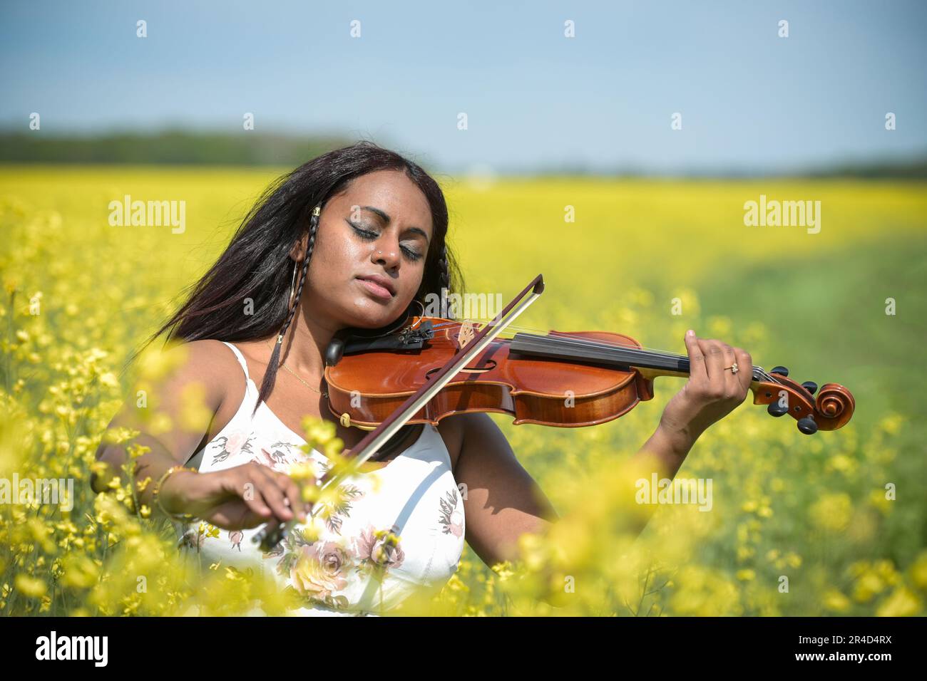 Bella donna nera che suona il violino in un campo di colza in Francia Foto Stock