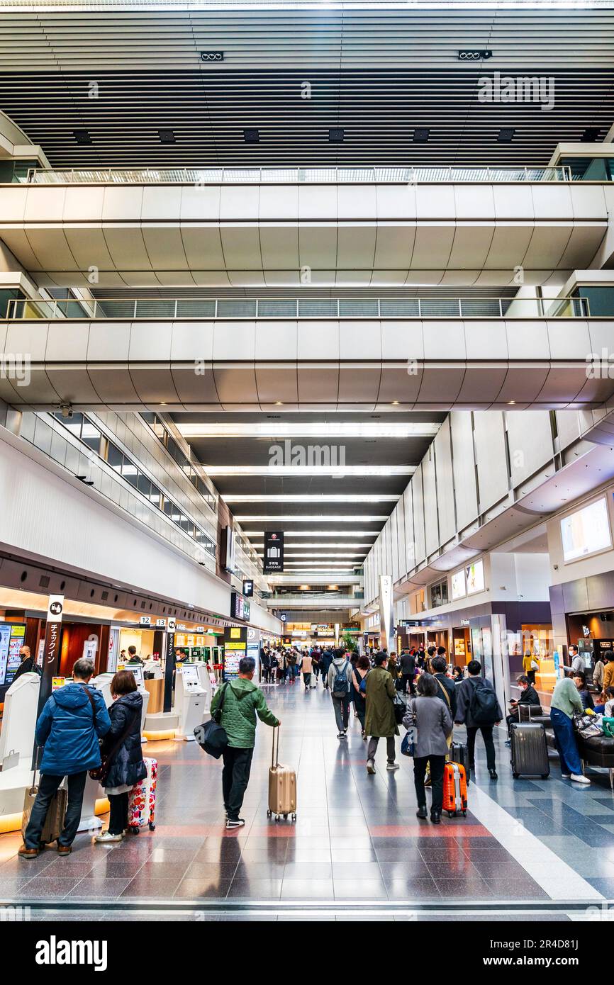 Vista lungo l'interno del terminal nazionale 1 presso l'aeroporto Haneda Tokyo, banco check-in da un lato e negozi al dettaglio dall'altro. Foto Stock