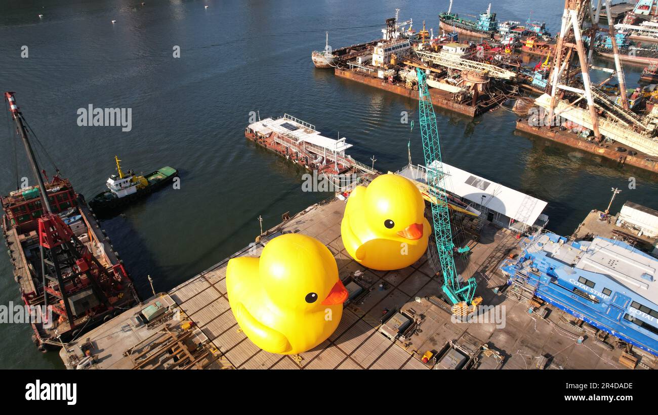 HONG KONG - Maggio 28 2023: Due gigantesche Duckie di gomma sono pronte nel molo. Scultura gigante di anatra di gomma di Florentijn Hofman, visitare Hong Kong oggi che Foto Stock