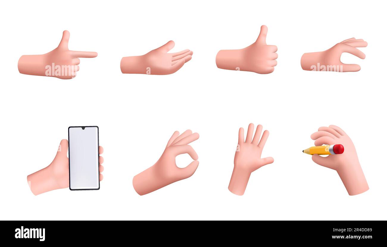 3d mani. Gesti realistici dei cartoni animati, dita, pugno creativo e divertente, tenere smartphone e matita, pollice su e palmo, rendering umano minimo, pastello sk Illustrazione Vettoriale