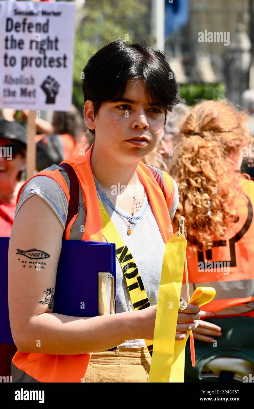 Londra, Regno Unito. 27th maggio 2023. Non la mia protesta di Bill. Anna Holland, attivisti di diverse organizzazioni hanno protestato in Piazza del Parlamento contro il disegno di legge del Public Order Act del 2023, entrato in vigore il 3rd 2023 maggio. Credit: michael melia/Alamy Live News Foto Stock