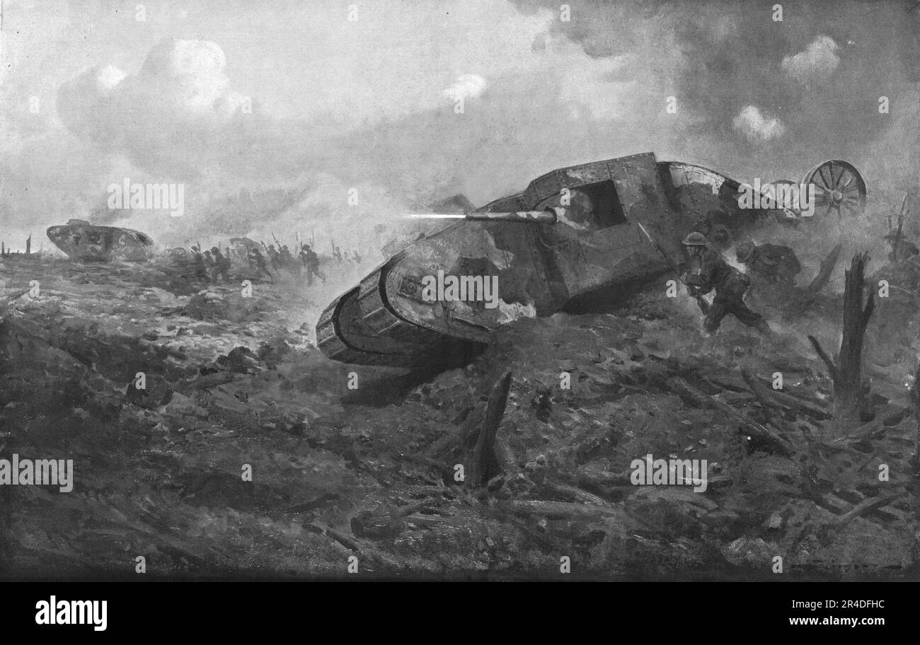 "Un des Plus extraordinaires spectles de cetteguerre les "Tanks" britanniques sur le front de la Somme", 1916. Da "Collection de la Guerre IV. L'Illustrazione Tome CXLVIII. La Guerre Juillet, Aout, Settembre, Ottobre, Novembre, Dicembre 1916". (Carri armati britannici sulla parte anteriore della Somme) Foto Stock