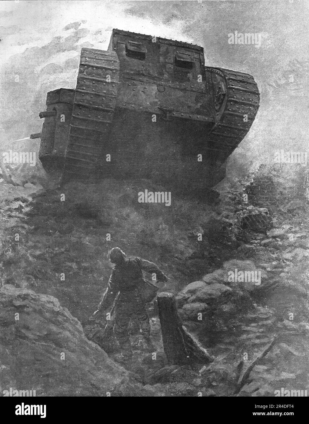 'Le Tank'; premiere appearition d'un des nouveaux cuirasses de terre de l'armee britannique au milieu des positions allemandes, a l'attaque du village de Flers, au nord de la Somme, le 15 Septembre', 1916. Da "Collection de la Guerre IV. L'Illustrazione Tome CXLVIII. La Guerre Juillet, Aout, Settembre, Ottobre, Novembre, Dicembre 1916". (Prima apparizione di uno dei nuovi carri armati dell'esercito britannico in posizioni tedesche, attaccando il villaggio di Flers, a nord della Somme, il 15 settembre) Foto Stock