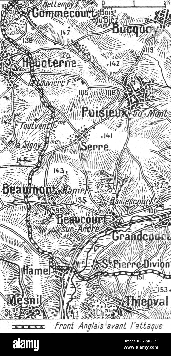 «Terrain de l'offensive britannique sur les deux rives de l'Ancre», 1916. Da "Collection de la Guerre IV. L'Illustrazione Tome CXLVIII. La Guerre Juillet, Aout, Settembre, Ottobre, Novembre, Dicembre 1916". (Terreno dell'offensiva britannica su entrambe le sponde dell'Ancre) Foto Stock