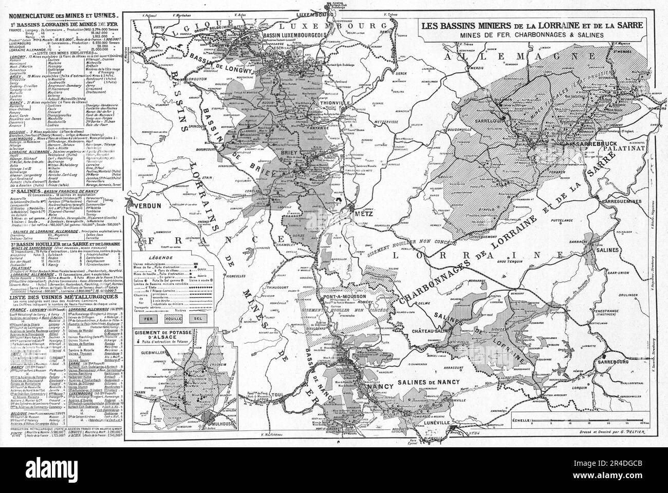 « Carte des bassins miniers et des usines metallurgiques de la Lorraine et de la Sarre », 1916. Da "Collection de la Guerre IV. L'Illustrazione Tome CXLVII. La Guerre Juillet, Aout, Settembre, Ottobre, Novembre, Dicembre 1916". Foto Stock